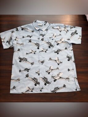 Vintage Signals Hawaiian Shirt Airplane Aviation Short Sleeve XLarge XL blue men